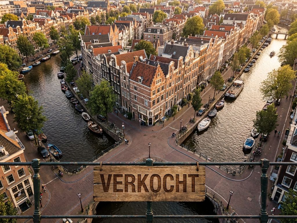 Luchtfoto van Amsterdamse grachten met traditionele huizen en VERKOCHT bord, gouden uurtje verlichting