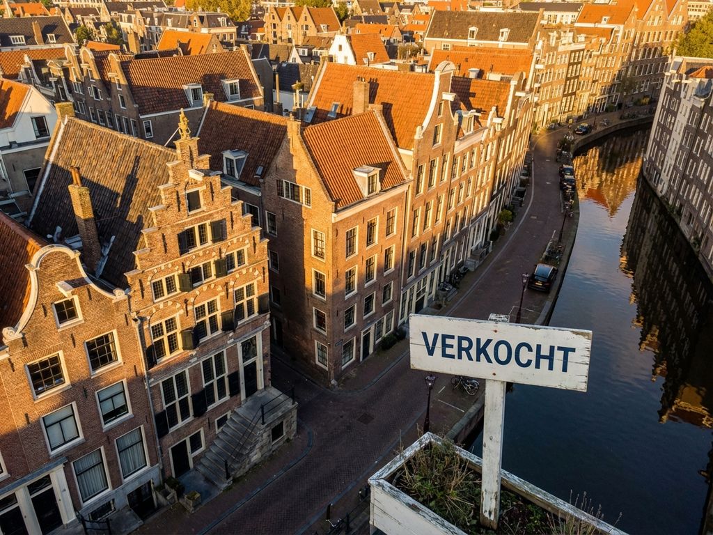 Luchtfoto van Amsterdamse grachtengordel met VERKOCHT-bord bij traditioneel grachtenpand tijdens gouden uur