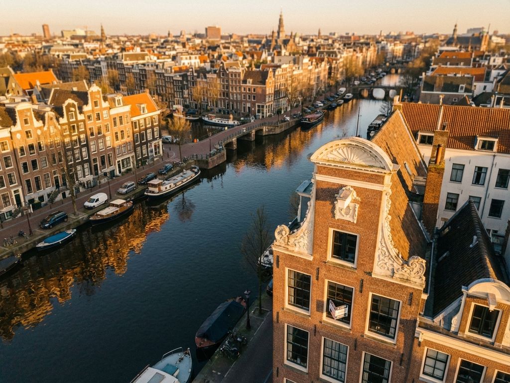 Historisch grachtenpand te koop aan Amsterdamse gracht met traditionele architectuur tijdens gouden uur