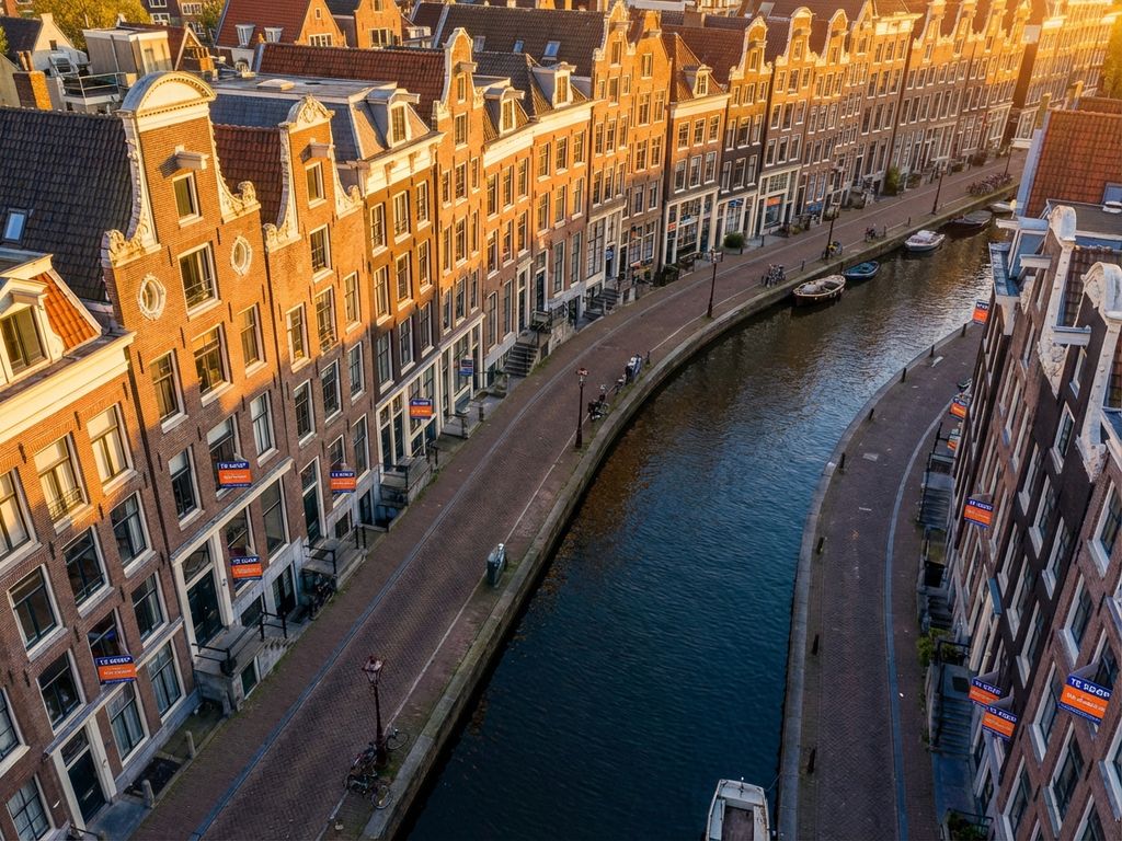 Amsterdamse grachtenpanden met puntgevels langs kanaal, meerdere 'Te Koop' borden zichtbaar, gouden uur verlichting