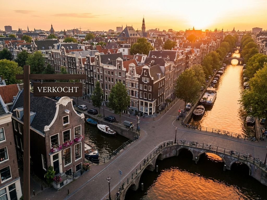 Luchtfoto van Amsterdamse grachtenpanden met VERKOCHT-bord tijdens gouden uur, historische architectuur en kanalen