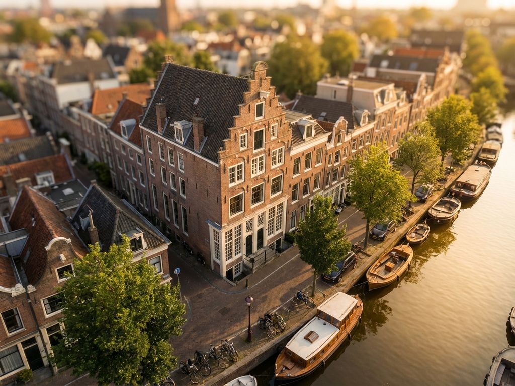 Elegante Amsterdamse grachtenpand met trapgevel tijdens gouden uur, weerspiegeling in kanaal met boten en fietsen