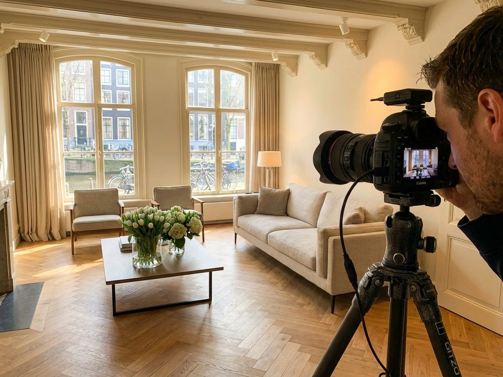 Professionele vastgoedfotografie van elegante Amsterdamse grachtenpand woonkamer met DSLR camera op statief