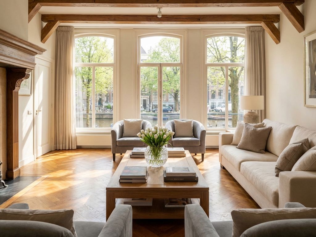 Zonnige Amsterdam grachtenpand woonkamer met parketvloer, witte tulpen en moderne meubels voor bezichtiging