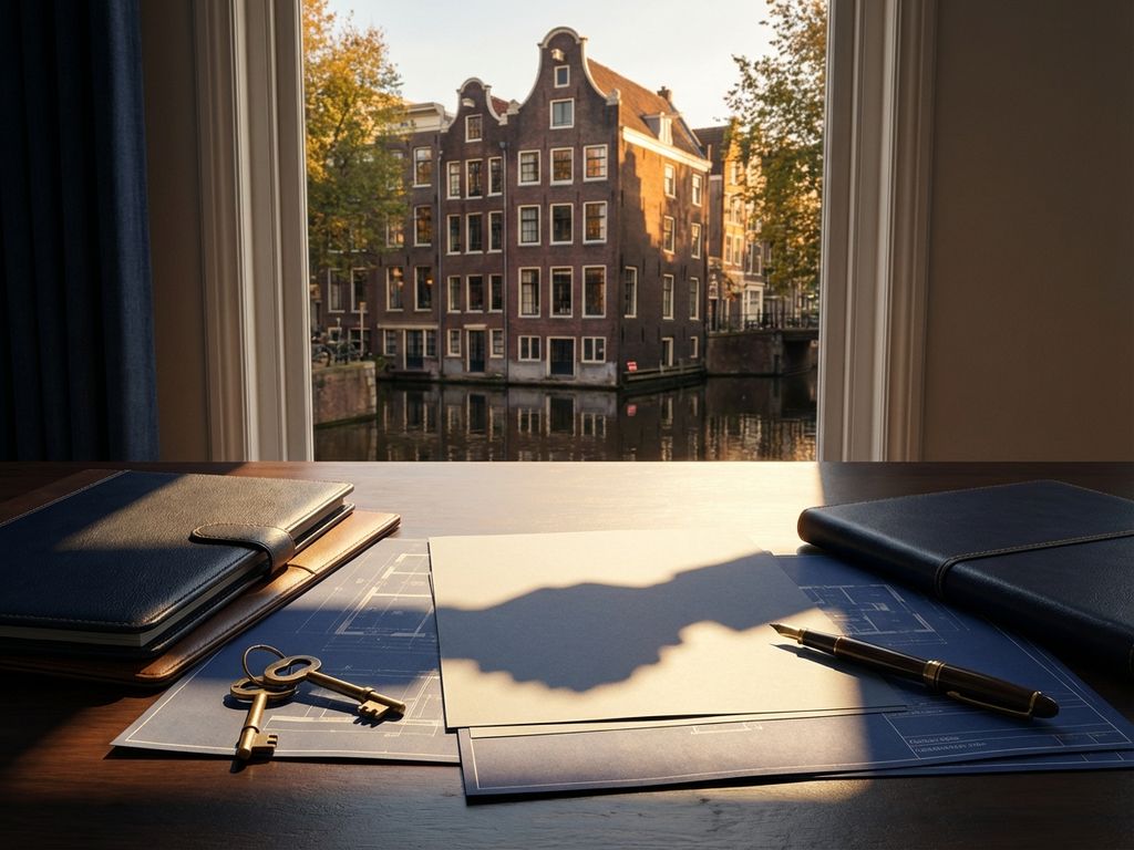 Amsterdam grachtenpand met trapgevel van bovenaf, documenten en sleutels op houten bureau, gouden licht suggereert succes