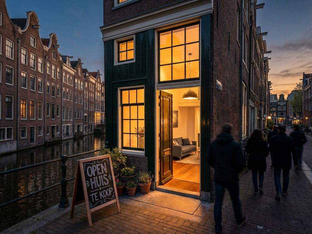 Luchtfoto van elegant Amsterdams grachtenpand met open deur en 'Open Huis' bord, potentiële kopers naderen ingang
