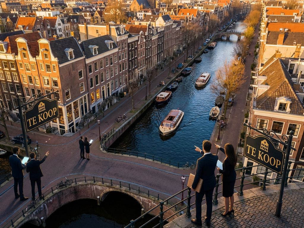 Luchtfoto van Amsterdamse grachten met Te Koop borden bij historische panden tijdens gouden uur