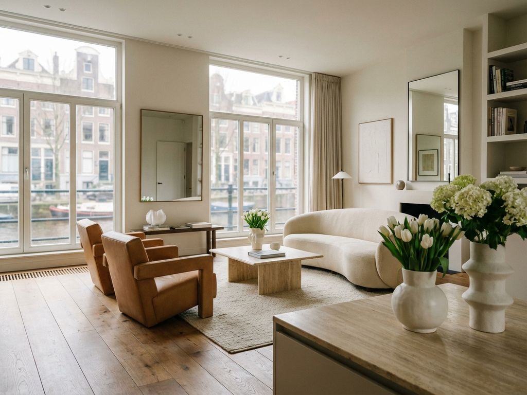 Moderne Amsterdam grachtenpand woonkamer met hardhouten vloer, grote ramen, eigentijds meubilair en kanaalzicht