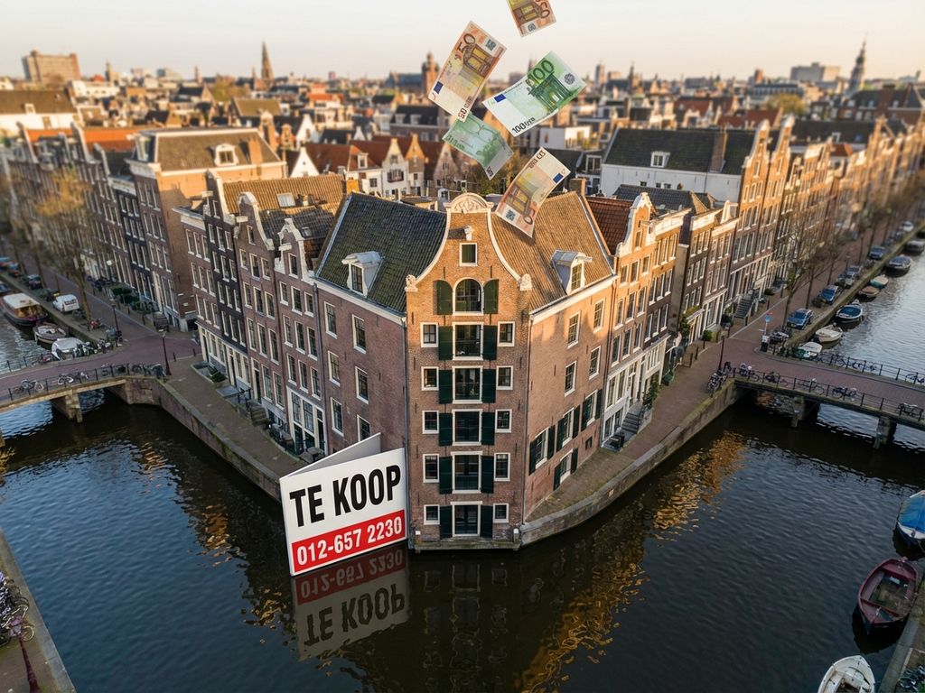 Amsterdamse grachtenpanden met Te Koop bord en zwevende eurobiljetten boven traditionele architectuur bij gouden uur
