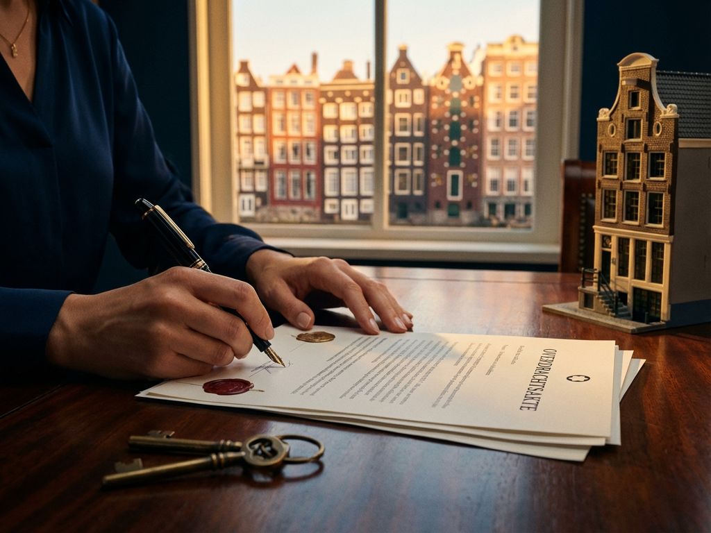 Handen ondertekenen juridisch document met vulpen op houten bureau, huissleutels en Amsterdam grachtenpanden op achtergrond