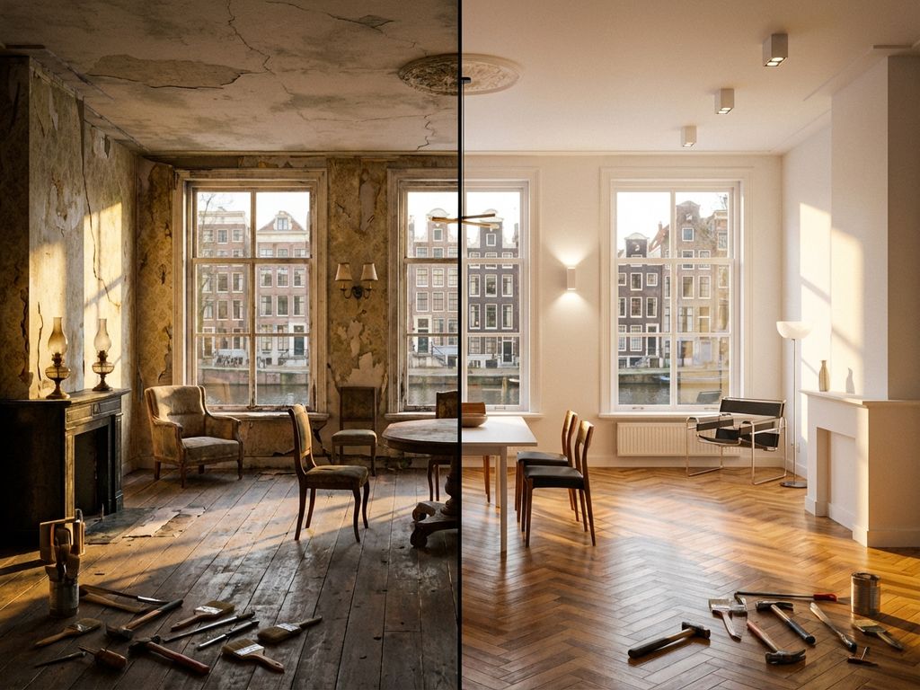 Voor en na renovatie van Amsterdams grachtenpand interieur met gereedschap en zicht op gracht door ramen