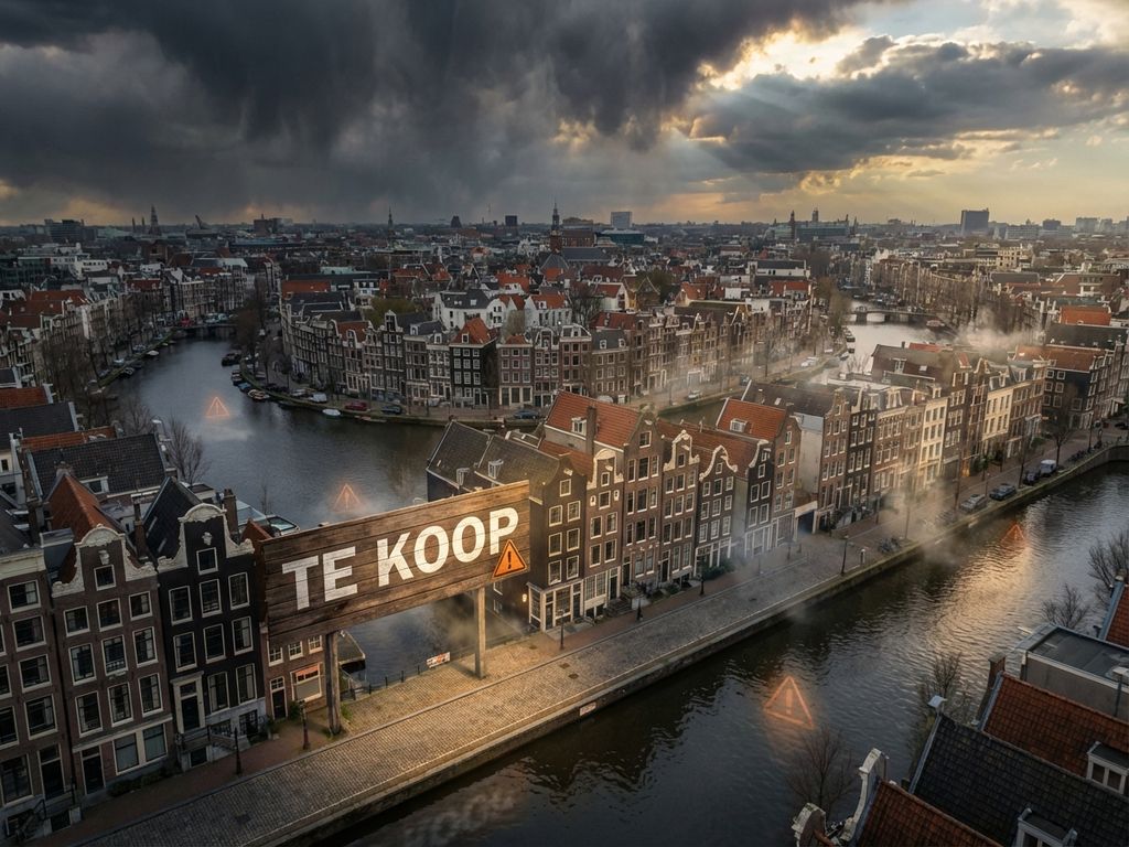 Luchtfoto van Amsterdam grachten met 'Te Koop' bord bij grachtenpand onder dreigende wolken met waarschuwingssymbolen