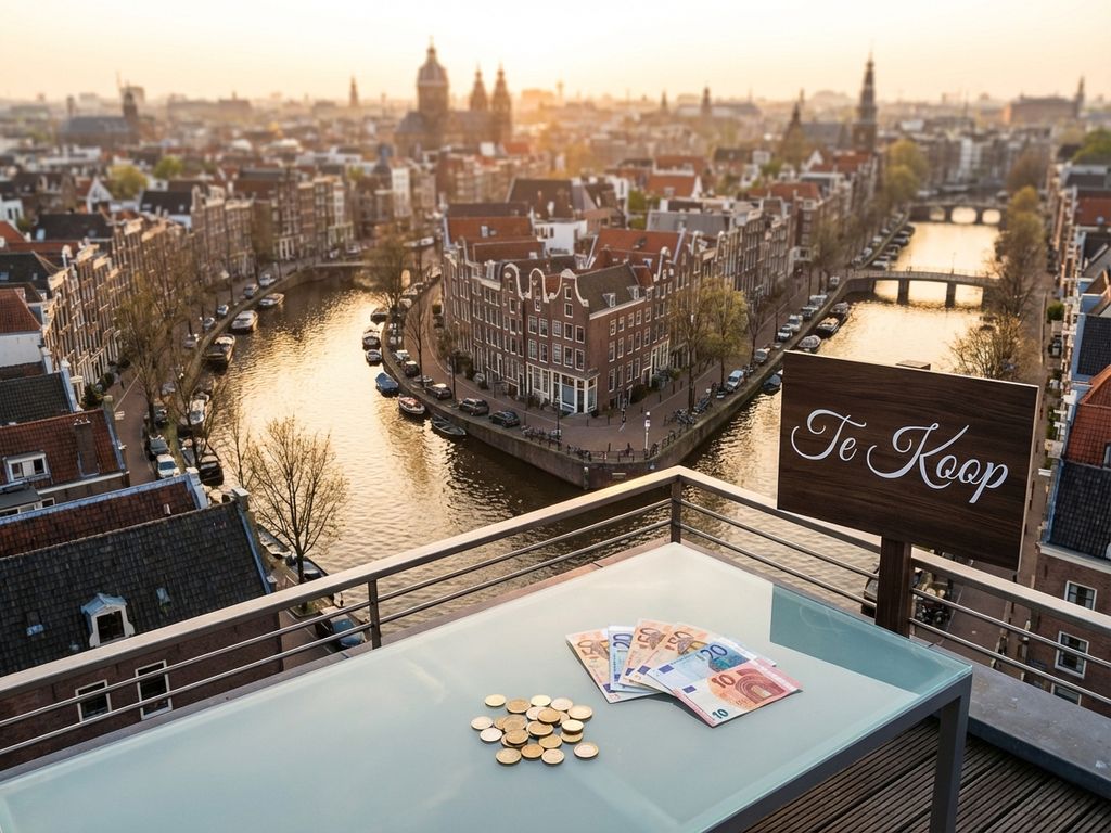 Te koop bord bij Amsterdams grachtenpand met euro bankbiljetten op tafel, gouden uur verlichting over iconische grachten