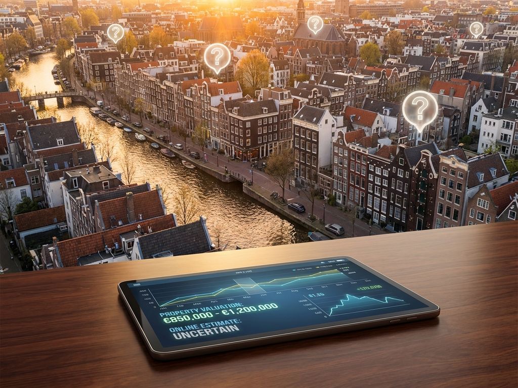 Luchtfoto van Amsterdamse grachtenpanden met tablet met digitale woningwaardering interface op houten bureau