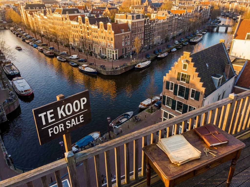 Luchtfoto van Amsterdam grachten met Te Koop bord bij grachtenpand, huissleutels en documenten op voorgrond