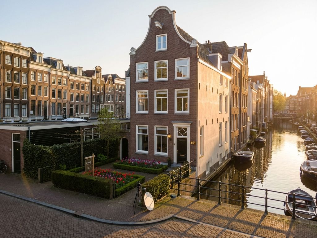 Elegant Amsterdam grachtenpand met witte ramen en voortuin te koop, luchtfoto bij gouden uur met kanaalreflecties