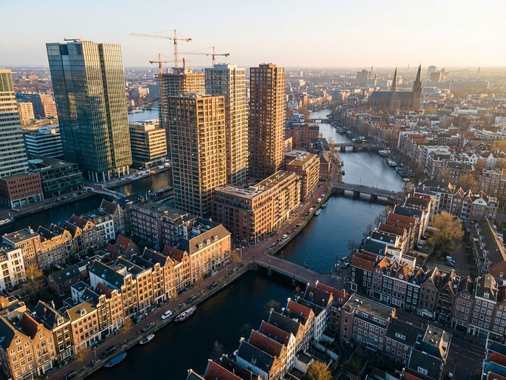 Luchtfoto van moderne woontorens en traditionele grachtenpanden in Amsterdam tijdens gouden uur met kanalen
