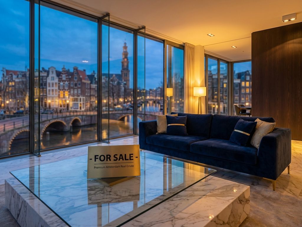 Luxe Amsterdam penthouse interieur met 'Te Koop' bord, moderne meubels en uitzicht op grachtenhuizen door grote ramen