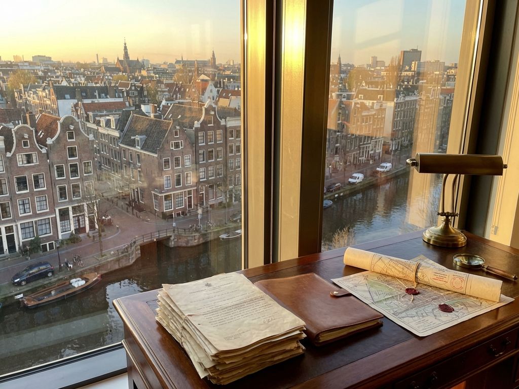 Luchtfoto van Amsterdamse grachten met juridische documenten en eigendomsaktes op houten bureau in gouden licht