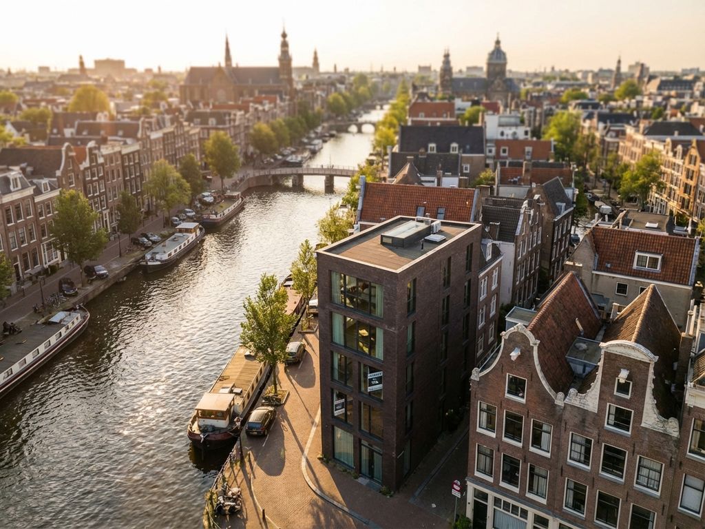 Luchtfoto van Amsterdam grachtenring met traditionele huizen en modern pand met Te Koop bord tijdens gouden uur