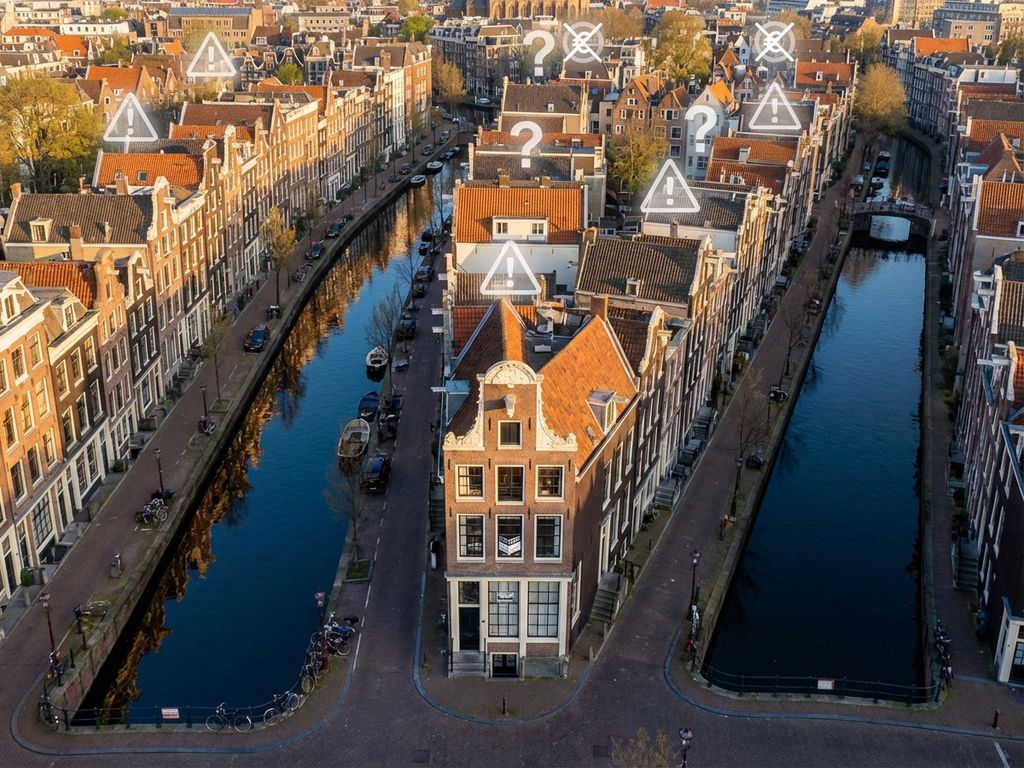 Luchtfoto van Amsterdamse grachten met traditionele huizen en Te Koop bord op grachtenpand tijdens gouden uur