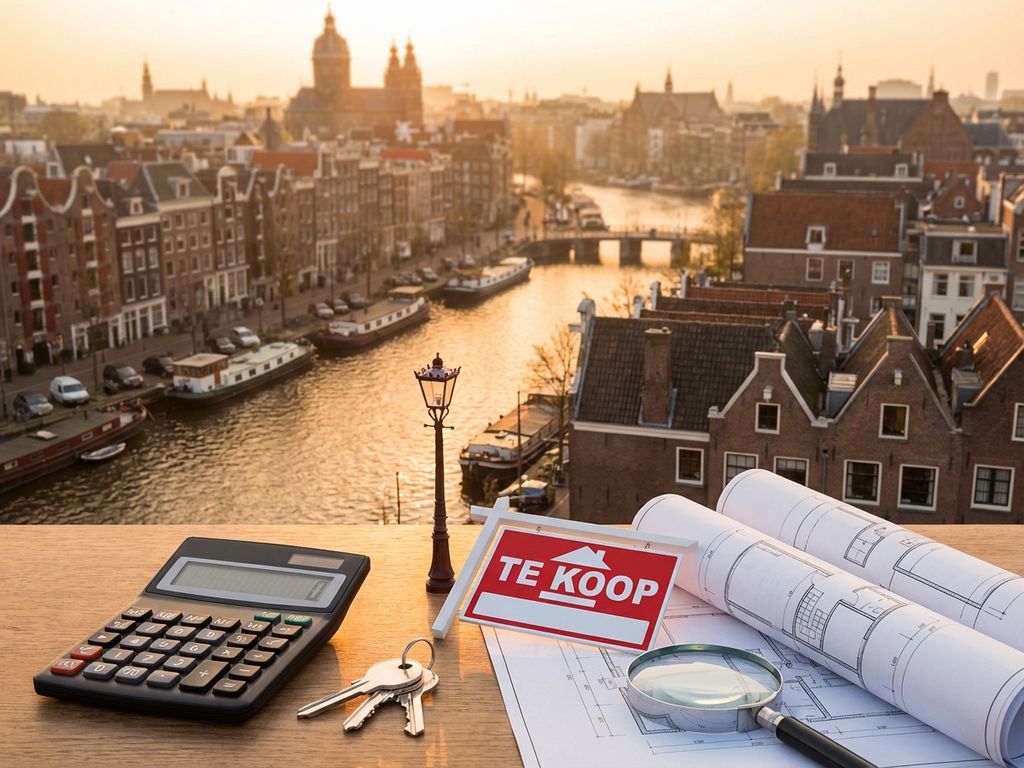 Luchtfoto van Amsterdamse grachten met te koop bord, calculator en huissleutels op bouwplannen tijdens gouden uur