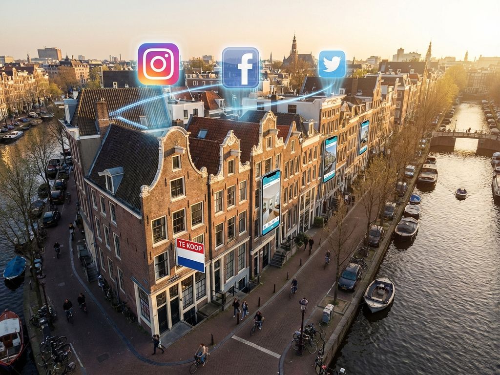 Luchtfoto van Amsterdamse grachtenpanden met 'Te Koop' bord en zwevende social media iconen bij zonsondergang