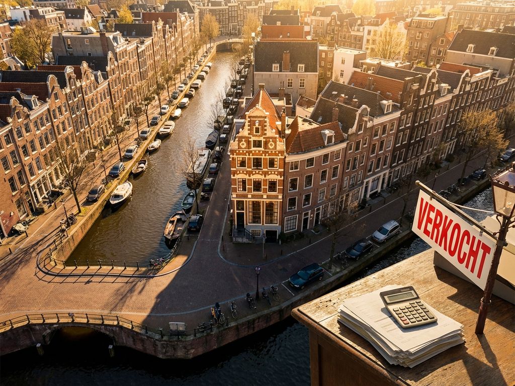 Luchtfoto van Amsterdamse grachtenring met VERKOCHT-bord en traditionele grachtenpanden in gouden zonlicht