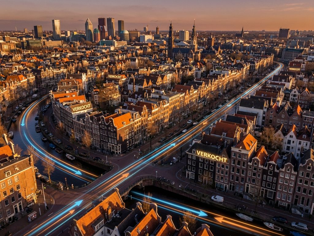 Luchtfoto Amsterdam grachtenring met traditionele huizen, verlichte VERKOCHT-borden tonen dynamische woningmarkt activiteit
