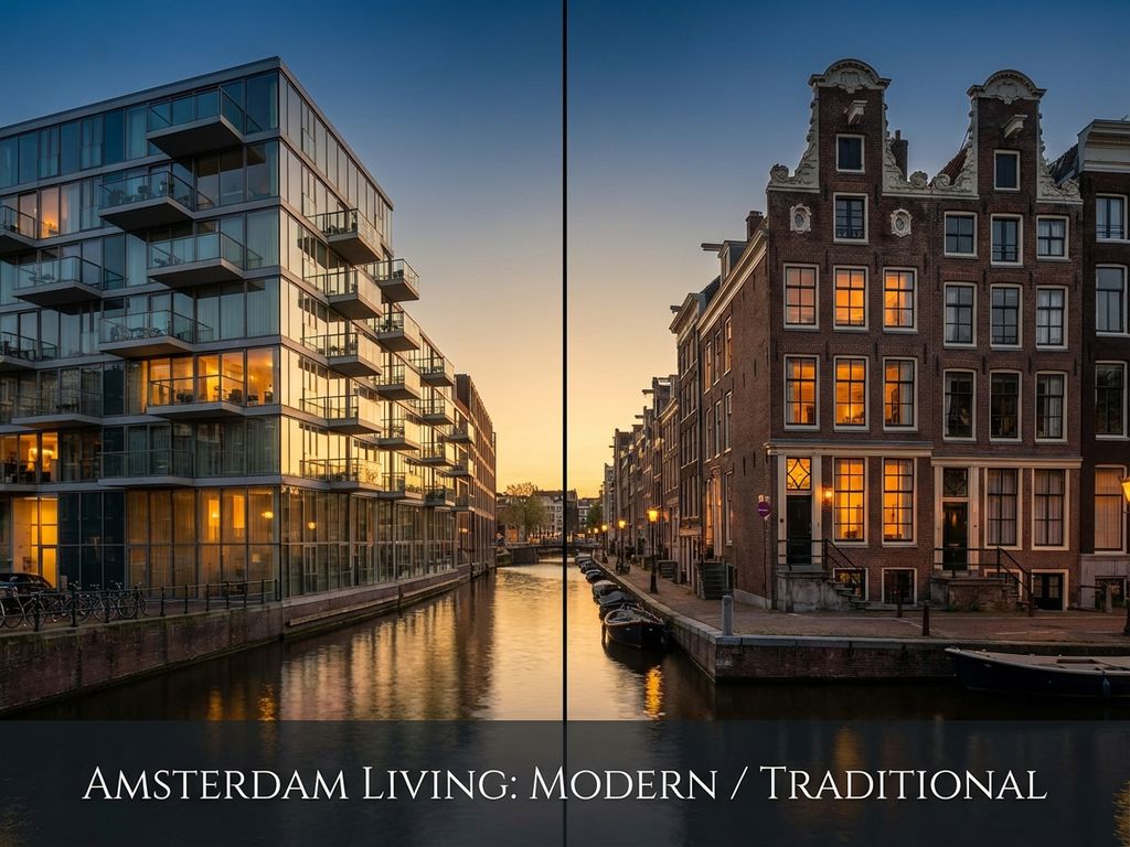 Moderne glazen appartement en traditioneel grachtenpand aan Amsterdamse gracht bij gouden uur, vastgoedfotografie
