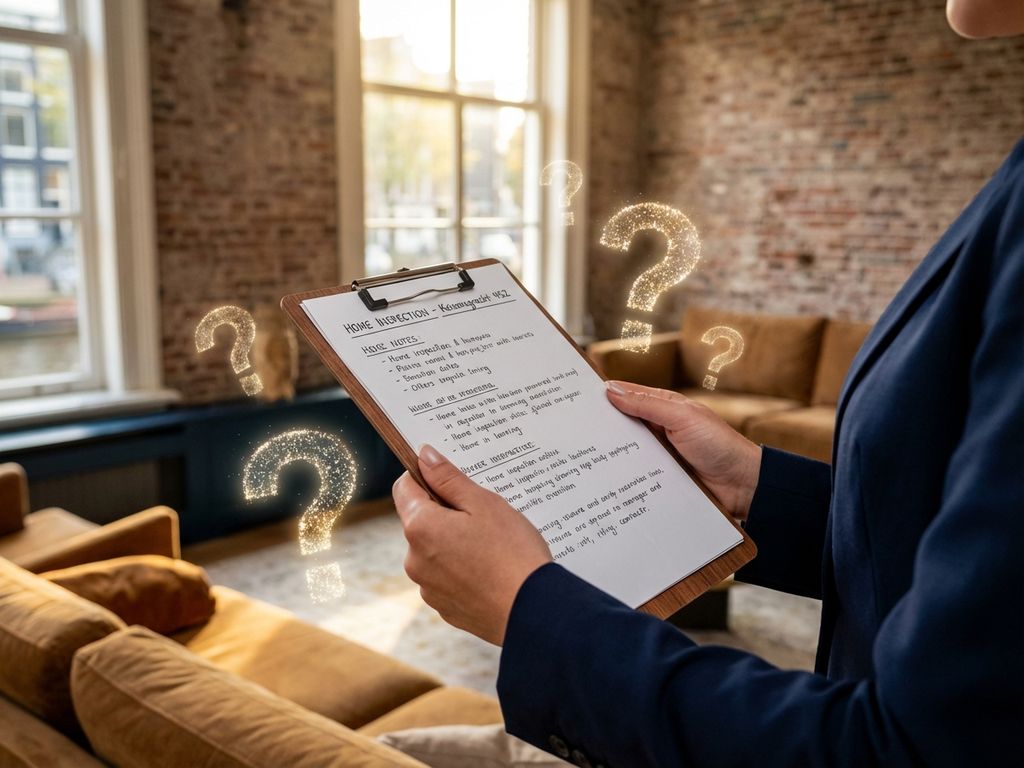 Handen met klembord vol huisinspectie notities in luxe Amsterdamse grachtenpand met bakstenen muren en gouden licht