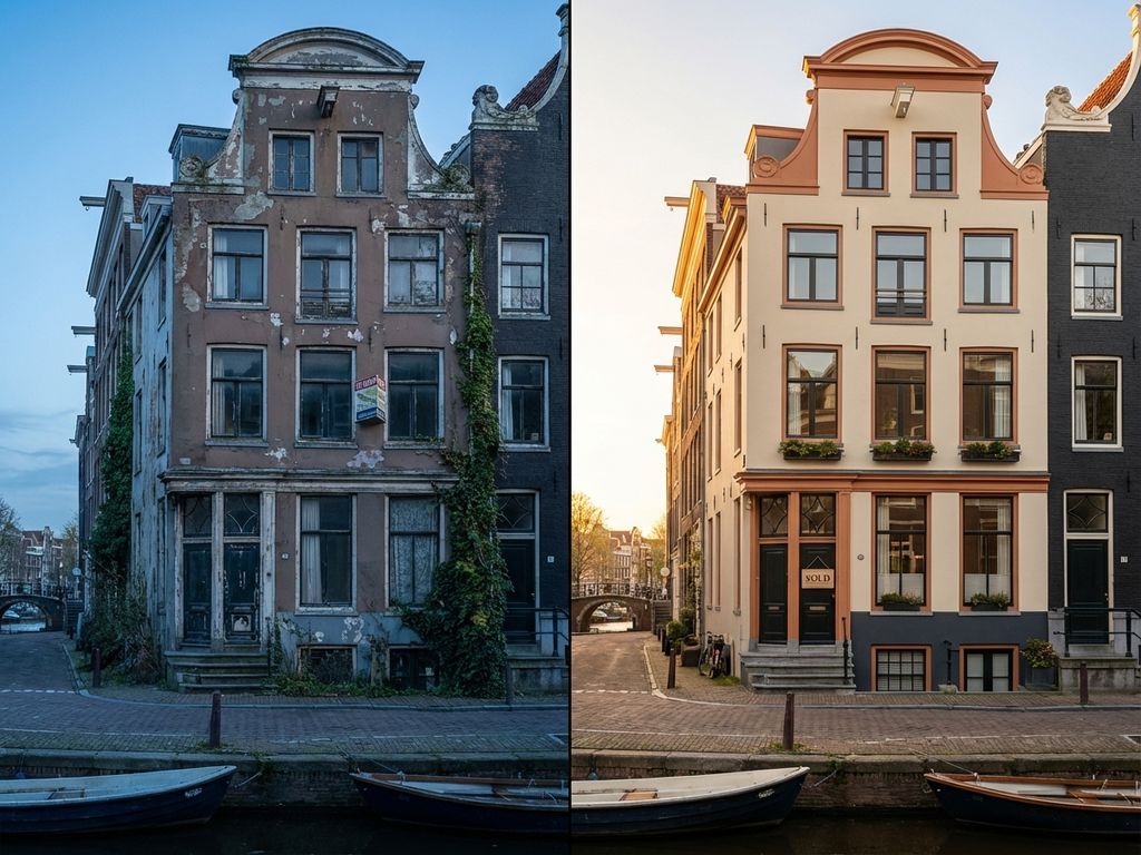 Twee identieke Amsterdamse grachtenpanden: links verwaarloosd, rechts gerenoveerd met VERKOCHT-bord