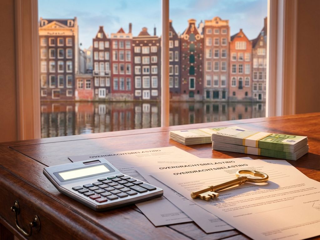 Gouden huissleutel op belastingdocumenten met eurobiljetten en rekenmachine, Amsterdam grachtenpanden op achtergrond