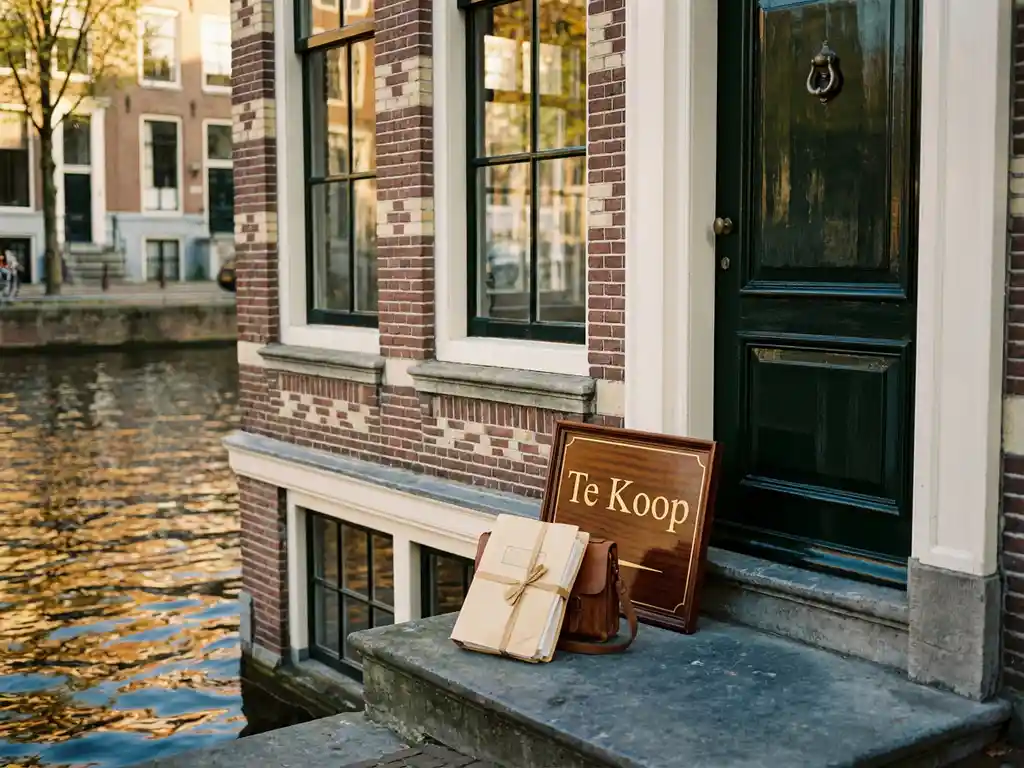 Amsterdams grachtenpand te koop met sierlijk baksteendetail, grote ramen en documentmap op de stoep in middaglicht.