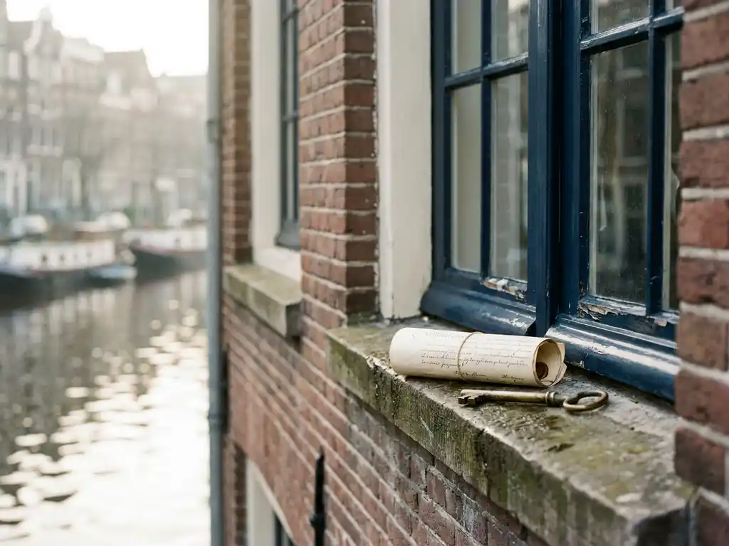 Verouderde Amsterdamse grachtenpandgevel met notariële akte en messing sleutel op een stenen vensterbank in zacht ochtendlicht.