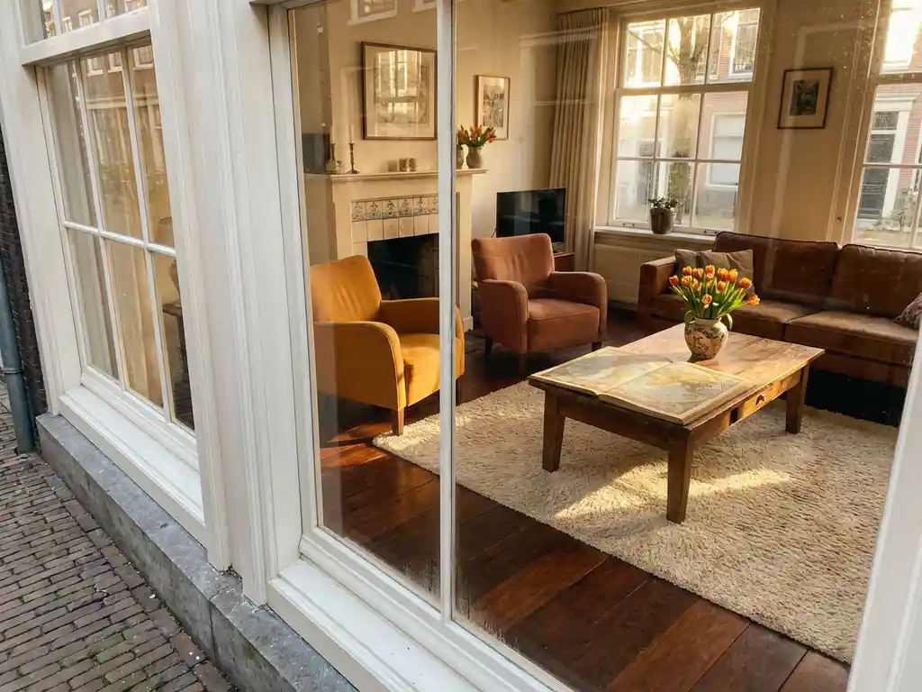 Amsterdams grachtenpandinterieur met tulpen in vaas, wereldkaart op salontafel en gouden middaglicht op houten vloer.
