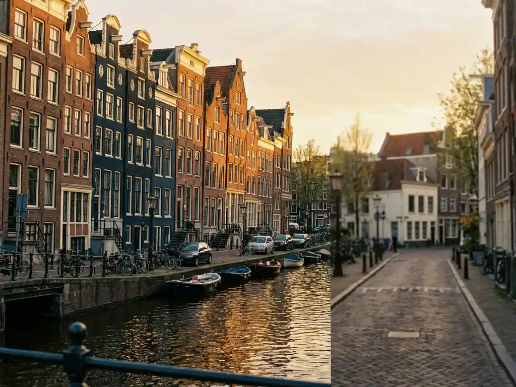Rij historische Amsterdamse grachtenpanden van terracottasteen in warm gouduurlicht, weerspiegeld in het stille kanaalwater.