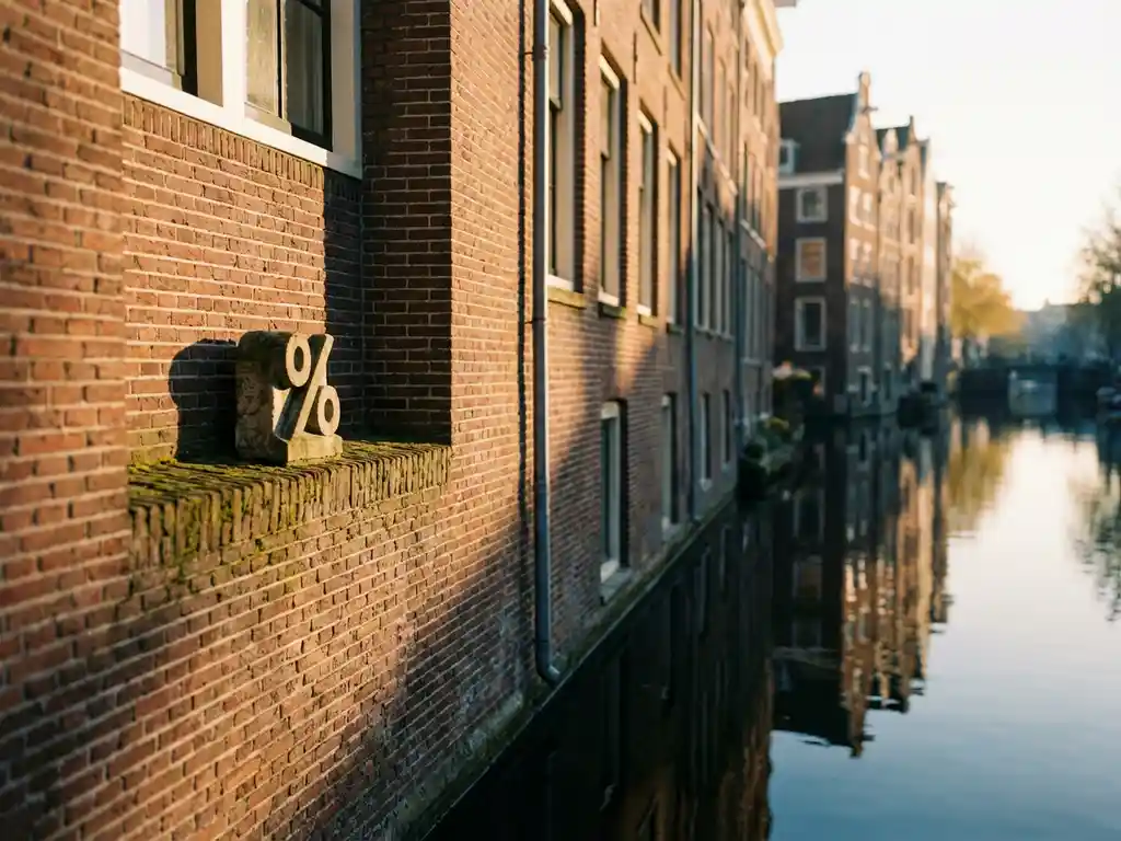 Amsterdams grachtenpand met rood-bruine bakstenen gevel weerspiegeld in donker kanalwater, stenen percentageteken op vensterbank in gouden ochtendlicht.