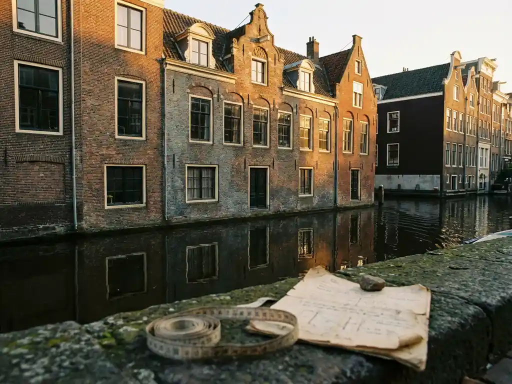 Verweerde Amsterdamse grachtenpand gevel weerspiegeld in donker stilstaand water, taxatiedocument op stenen kaderand in warm middaglicht.
