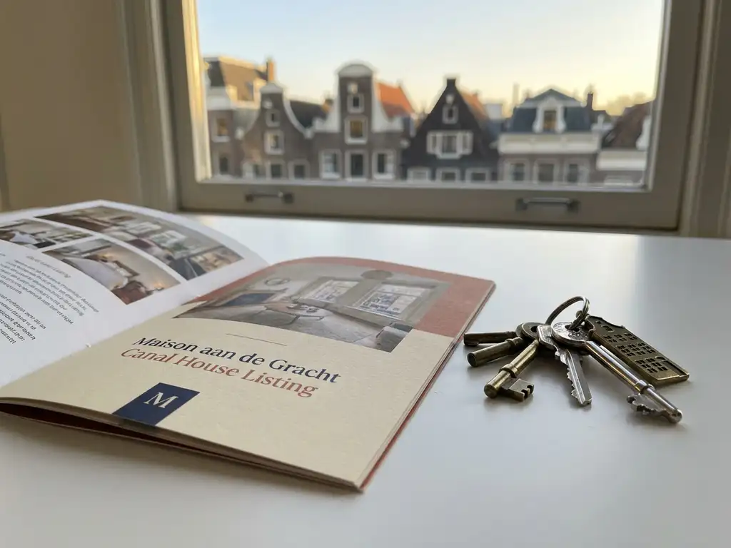Tweetalige woningbrochure en grachtenpandsleutels op wit bureau, met Amsterdamse gevelsilhouetten in het raam op de achtergrond.