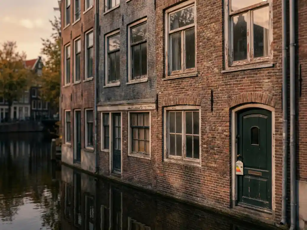 Verweerde Amsterdamse grachtenpand gevel met enkele beglazing, verouderd metselwerk en een energielabel tegen de voordeur in herfstig middaglicht.