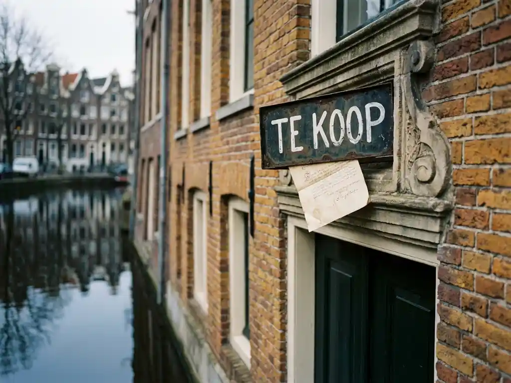 Amsterdams grachtenpand met Te Koop-bord en erfpachtdocument op sierlijk bakstenen gevel, smalle trapgevels weerspiegeld in donker kanaalwater.