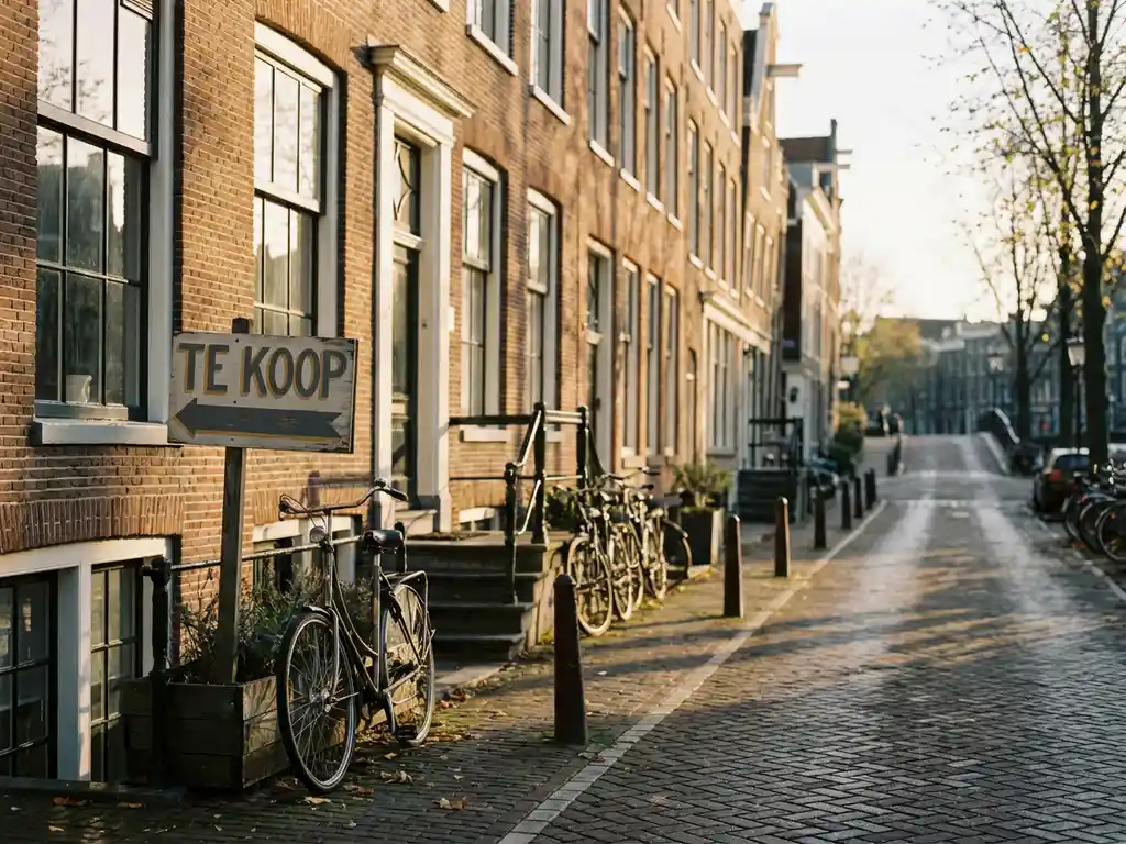 Te koop-bord voor een Amsterdams grachtenpand met bakstenen gevel en witte raamkozijnen in middaglicht.