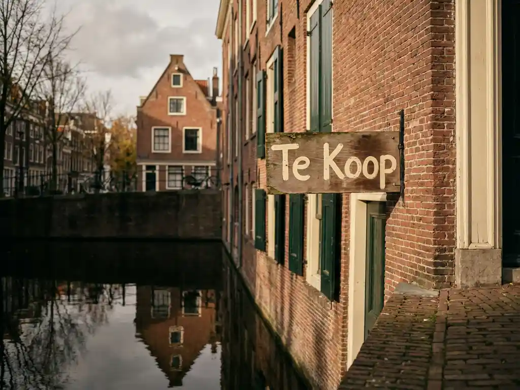 Te Koop-bord op de bakstenen gevel van een Amsterdams grachtenpand, met smalle trapgevel weerspiegeld in het donkere water.