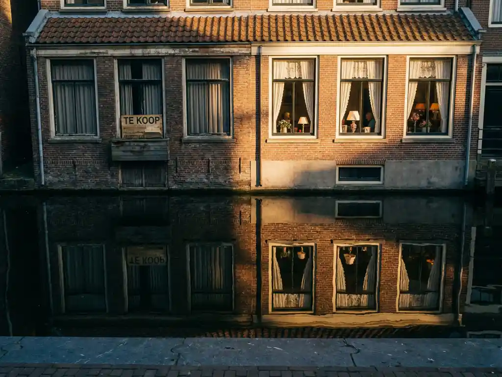 Amsterdams grachtenpand met Te Koop-bord, warme raamverlichting en spiegeling in donker kanalwater, gouden middaglicht op bakstenen gevel.