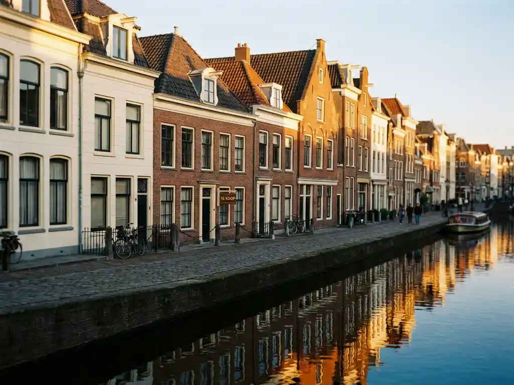 Amsterdamse grachtenpanden te koop weerspiegeld in kalm water, gouden middaglicht op getande gevels van terracottarood baksteen.