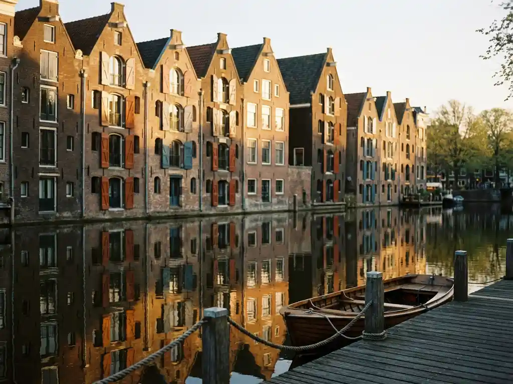 Amsterdamse grachtenpanden met trapgevels weerspiegeld in donker kanaaalwater, verlicht door warm middagzonlicht.
