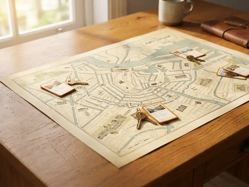 Amsterdamse grachtenkaart op eikenhouten bureau met woningkaartjes en sleutels verspreid over verschillende wijken, warm middaglicht.
