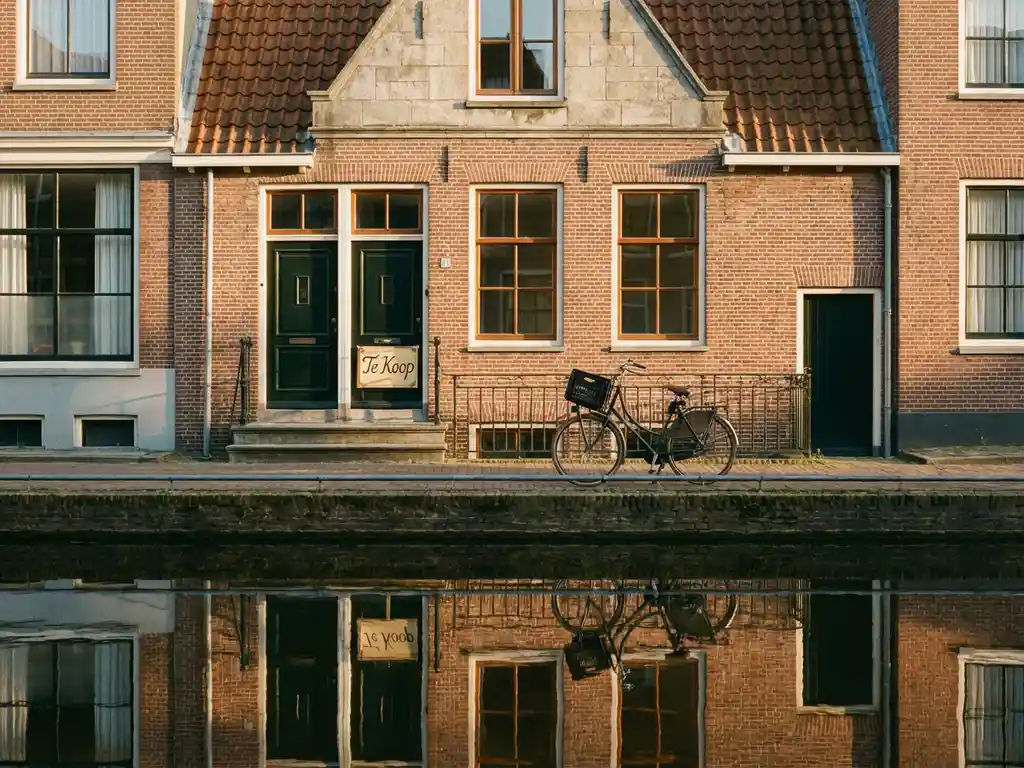 Amsterdam-Noord grachtenpand te koop met terracotta gevel, groen houtwerk en fiets aan de reling, weerspiegeld in kalm water.