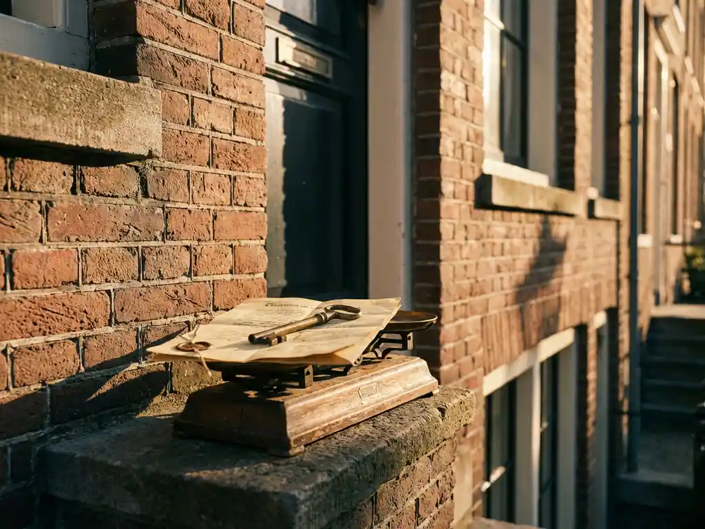 Vintage messing sleutel op notarieel document naast houten weegschaal, voor gevels van Amsterdamse grachtenpanden in warm middaglicht.
